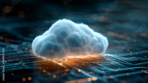 Futuristic glowing cloud icon on digital circuit board background, symbolizing modern cloud computing technology