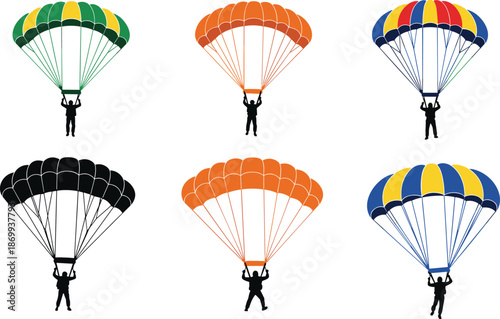 Paragliding parachute silhouettes set with colorful canopies extreme sport skydiving adventure flat vector illustration isolated white background