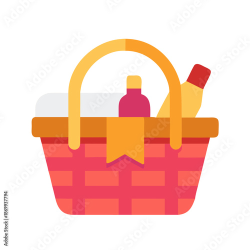 Flat vector illustration of a picnic basket with wine and food on black