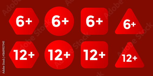 Eight Red Age Restriction Symbols Collection Six Plus and Twelve Plus