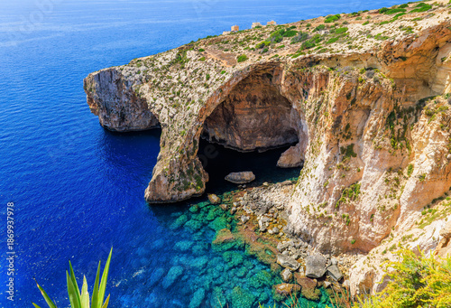 Blue Grotto, Malta. Natural stone arch and sea caves.