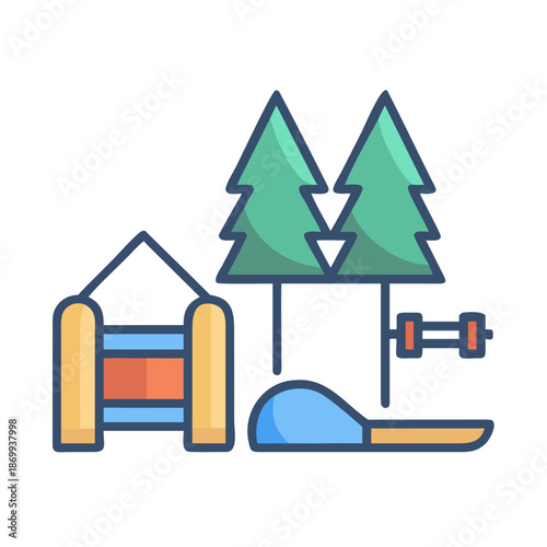 Iconic winter scene: Sled, trees, ski slope, and ski lift for fun