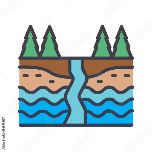 Stylized illustration of a forest landscape with a flowing river cutaway