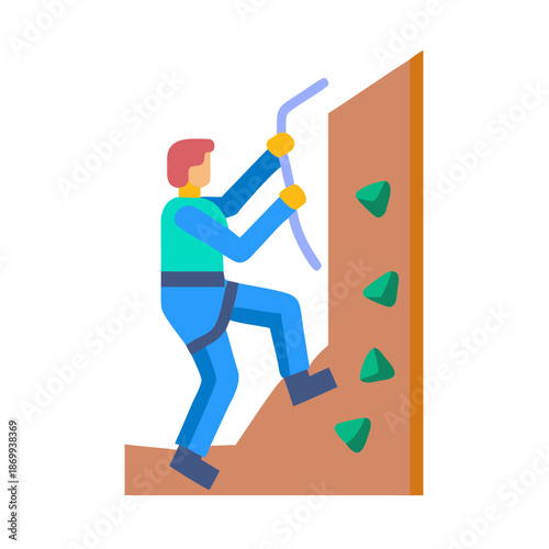 Flat vector illustration of a man rock climbing on a climbing wall indoors