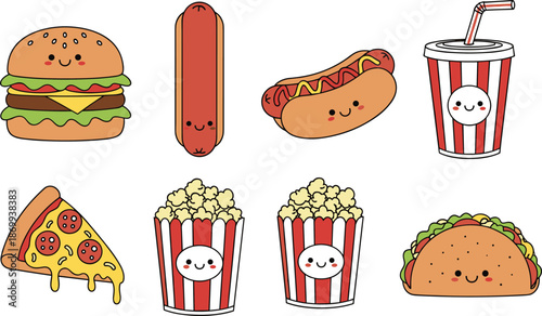 Cute fast food icons collection with burger hotdog pizza popcorn soda kawaii cartoon flat vector illustration isolated white background