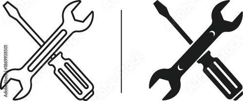 Crossed wrench and screwdriver tools icon set outline and solid style maintenance repair flat vector isolated white background