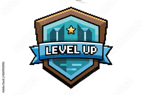 Pixel art level up badge silhouette with white border, vector graphic for progress