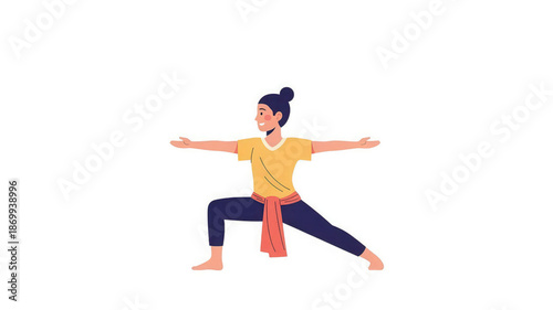 Woman in warrior ii pose with arms extended in yoga practice