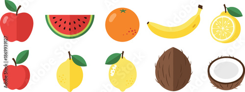 Fresh fruit icons collection with apple banana orange lemon watermelon coconut flat vector illustration isolated on white background
