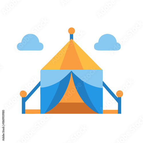 Colorful circus tent illustration with simple clouds on a black background