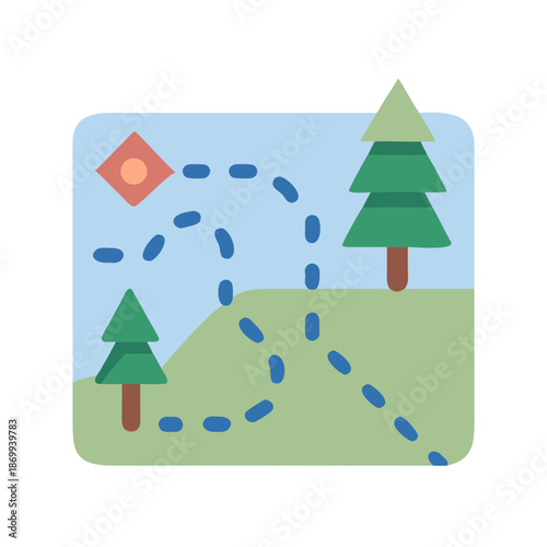 Stylized illustration of a hiking trail map with trees and a sun