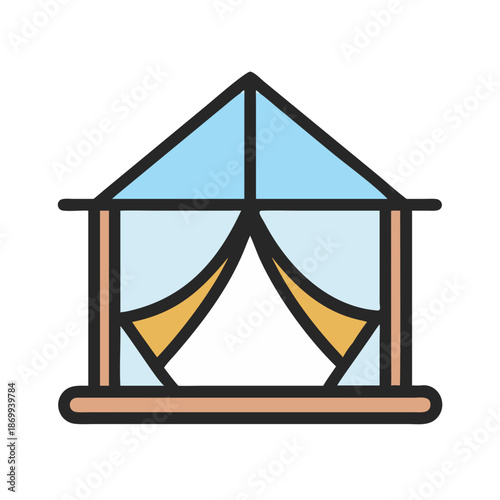 Stylized window icon with curtains and geometric design, isolated on black background