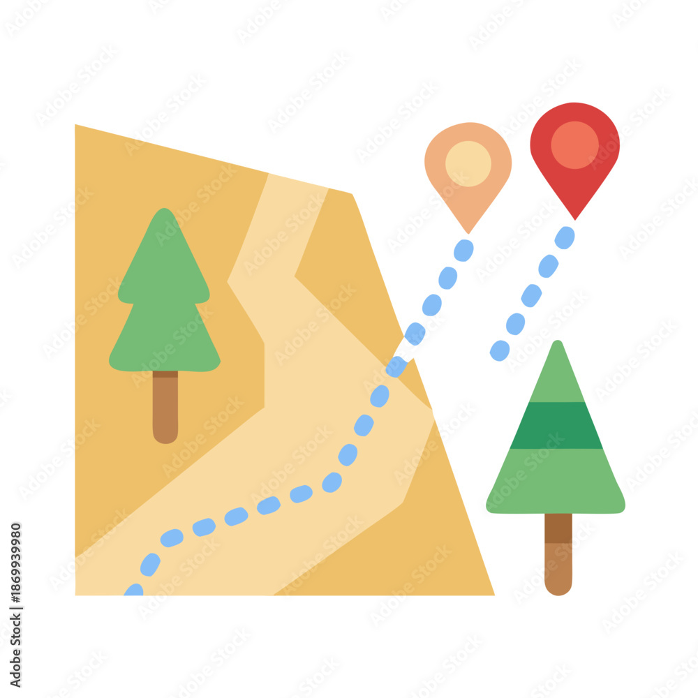 Obraz premium Map with route and destination markers, outdoor adventure planning illustration