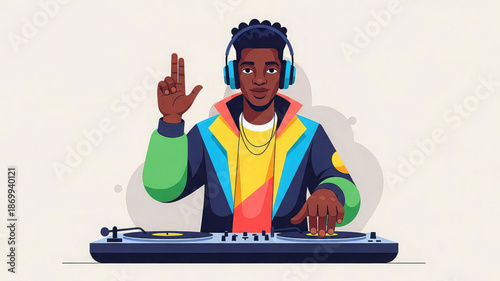 Young man wearing headphones and operating a dj controller
