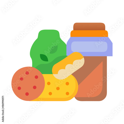 Vibrant flat illustration of canned goods, greens and sliced food on black