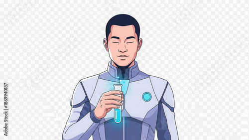 Man in futuristic spacesuit holding glowing blue test tube