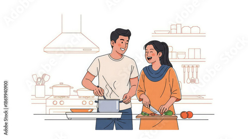 Couple cooking together in a modern kitchen happily preparing a meal