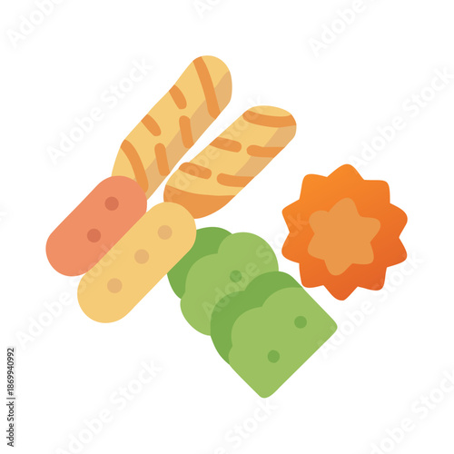 Flat design illustration of food items including sausages, green veggies and carved orange