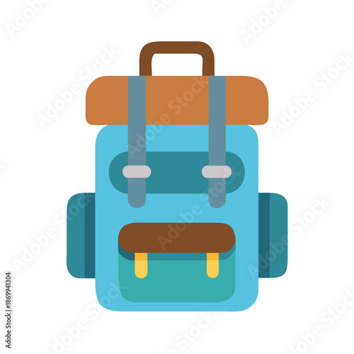 Minimalist style blue camping backpack illustration against a solid black backdrop