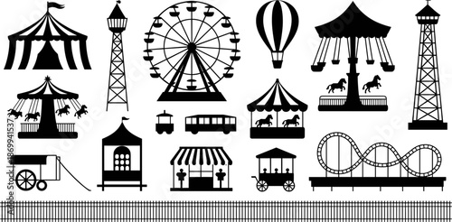 Vector silhouette set of amusement park attractions featuring ferris wheel roller coaster carousel carnival tents circus elements and fairground icons isolated (22 words)