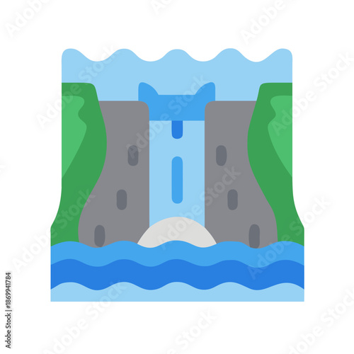 Stylized vector illustration of a hydro dam with hills and flowing river