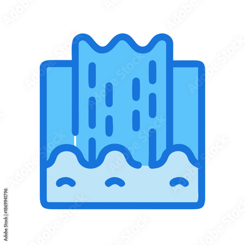 Stylized Icon of Flowing Waterfall with Rocks and Waves, Vector Design