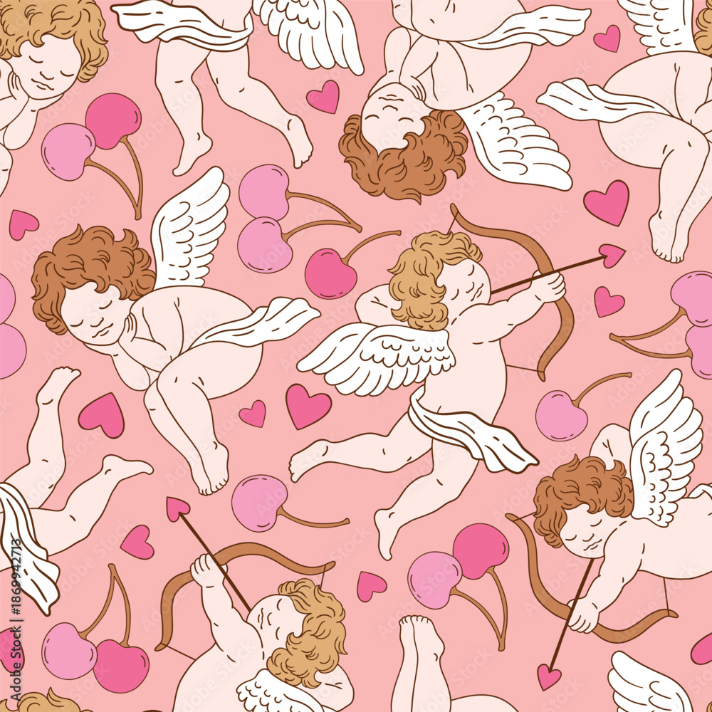 Fototapeta premium Seamless vector pattern with Valentine angel character with cherry and hearts. Cute vintage cupid illustration for fabric or print design. 