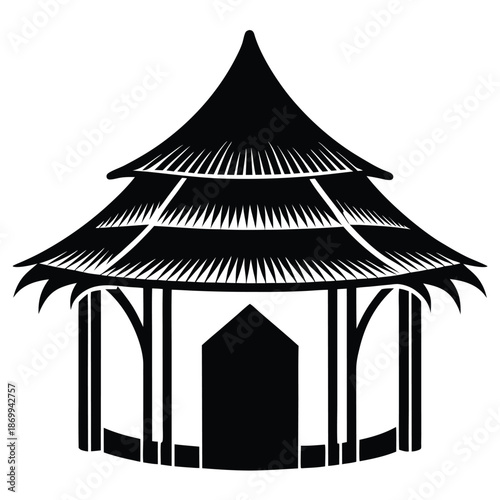 Traditional Tribal Hut Silhouette, Black and White African Village House with Thatched Roof Vector