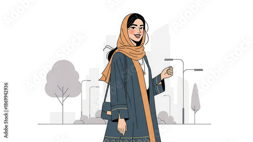 A smiling woman in a headscarf and long coat walks through a city