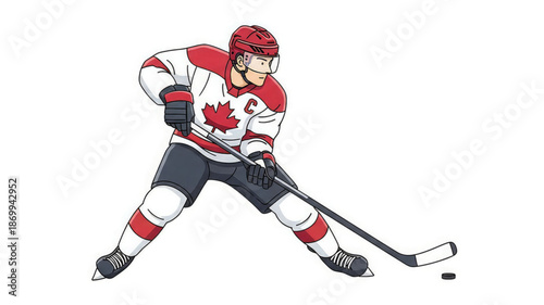 Canadian hockey player in action with red and white uniform hitting