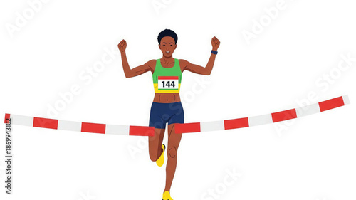 A dark skinned woman in green sports bra and blue shorts runs