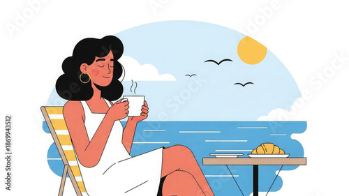 Woman relaxing on beach with coffee and croissant enjoying serene