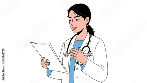 Female doctor in white coat with stethoscope examining medical chart