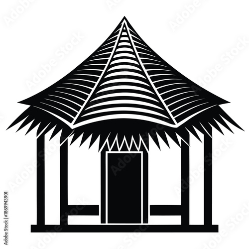 Traditional African Hut Vector Silhouette, Minimalist Black and White Rural Village House Design