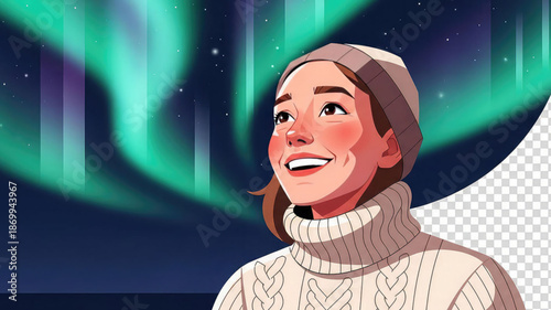 Woman in warm clothing looking up at vibrant green northern lights