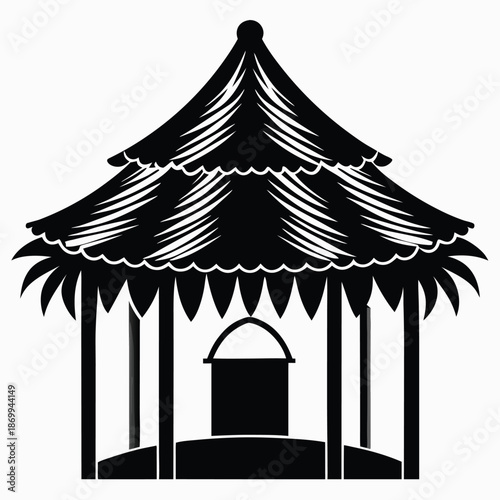 Rustic African Hut Silhouette Icon, Traditional Thatched Roof Village House in Black and White