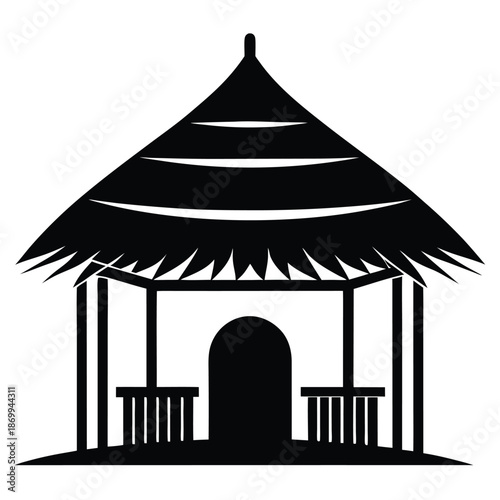 Minimalist African Tribal Hut Silhouette, Traditional Village Dwelling with Straw Roof Graphic