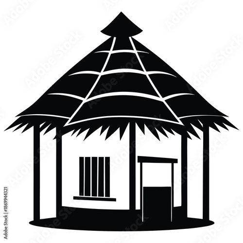African Village Hut Silhouette, Traditional Thatched Roof Dwelling Icon for Travel and Culture