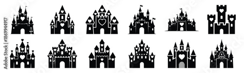 Collection of valentine romantic castle silhouette icon set. Happy valentines day icons black silhouette illustration art