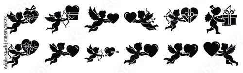 Collection of cupid heart gift delivery silhouette icon set. Happy valentines day icons black silhouette illustration art