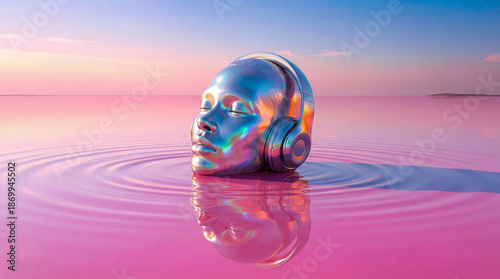 Surreal and serene image of a futuristic, highly reflective chrome head wearing headphones