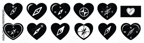 Collection of heart shaped love compass silhouette icon set. Happy valentines day icons black silhouette illustration art
