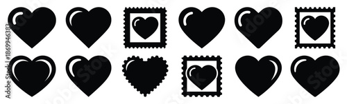 Collection of heart shaped love stamp silhouette icon set. Happy valentines day icons black silhouette illustration art