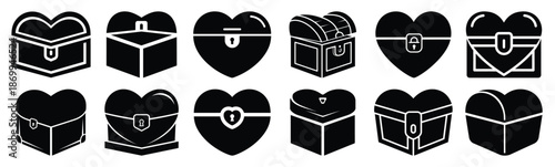 Collection of heart shaped treasure chest silhouette icon set. Happy valentines day icons black silhouette illustration art