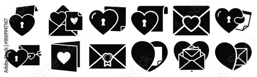 Collection of love secret note silhouette icon set. Happy valentines day icons black silhouette illustration art