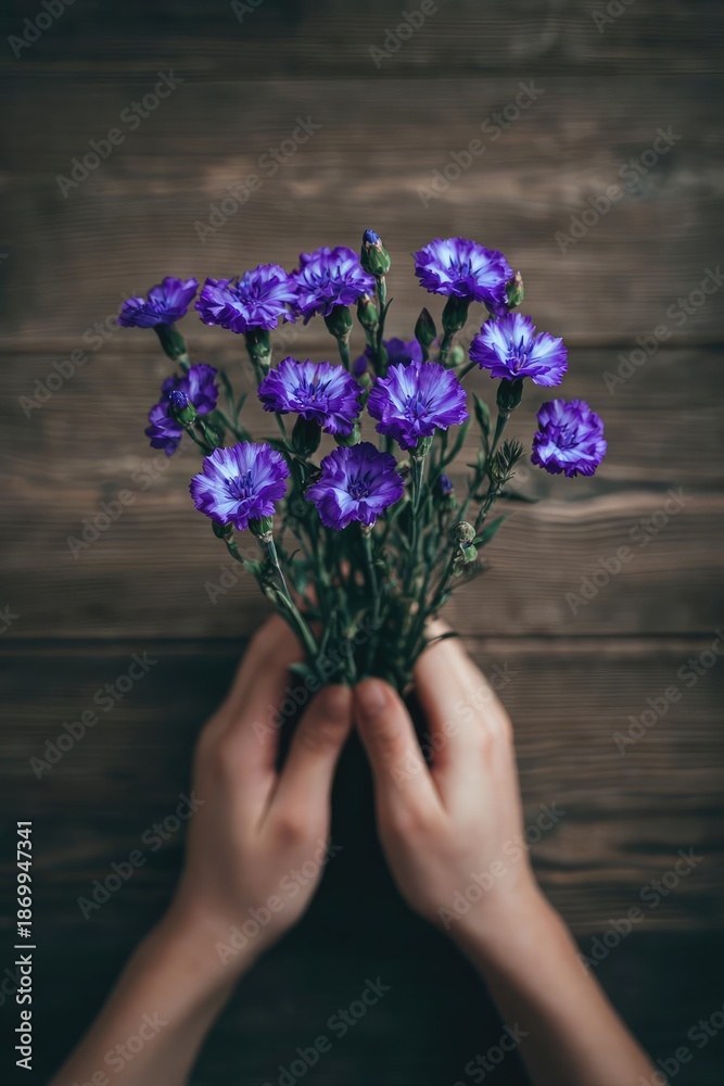 Fototapeta premium A bouquet of purple flowers being held by hands over a wooden table. Concept Purple bouquet, Hands holding flowers, Wooden table backdrop, Floral close-up, Rustic decor