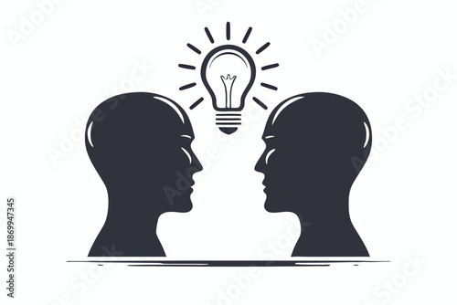 Two human heads in profile facing each other, with a bright lightbulb illuminating the space between, symbolizing shared innovation.