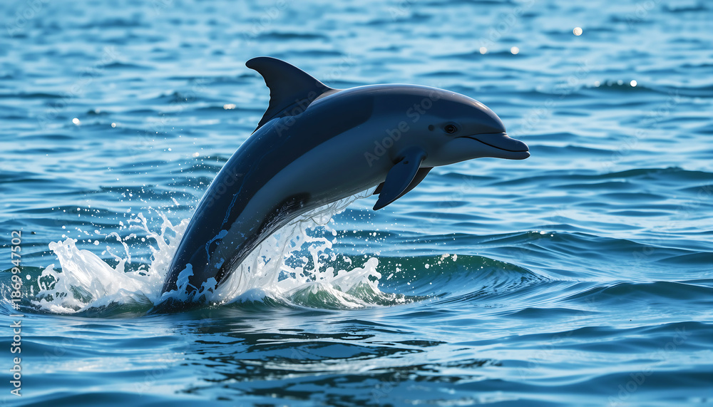 Obraz premium Dolphin leaping out of the ocean water on a sunny day, perfect for marine life and wildlife themes