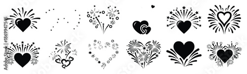 Collection of romantic love fireworks silhouette icon set. Happy valentines day icons black silhouette illustration art