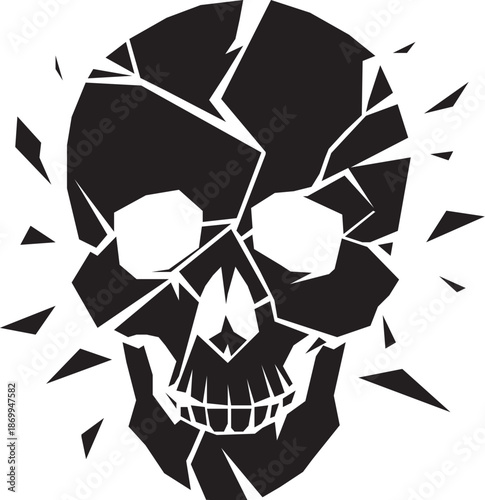 Black Silhouette Skull with Cracked Head. Silhouette vector on White background.